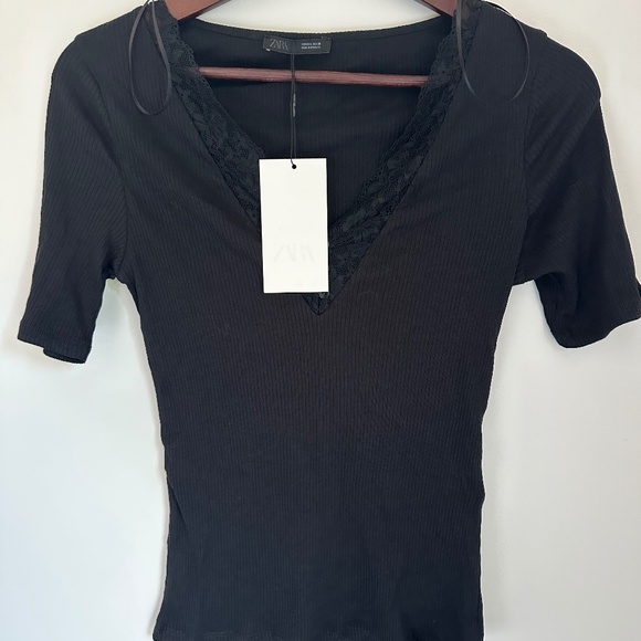 ZARA Women’s Lace Trim Neck Shirt - Picture 1 of 5